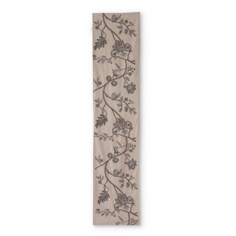 Light Beige Cotton Table Runner w/Gray Floral Embroidery