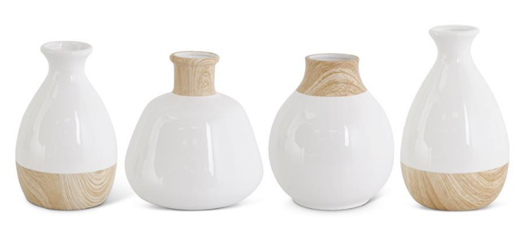 White Stoneware Vases with Wood Decal Base