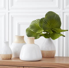 White Stoneware Vases with Wood Decal Base