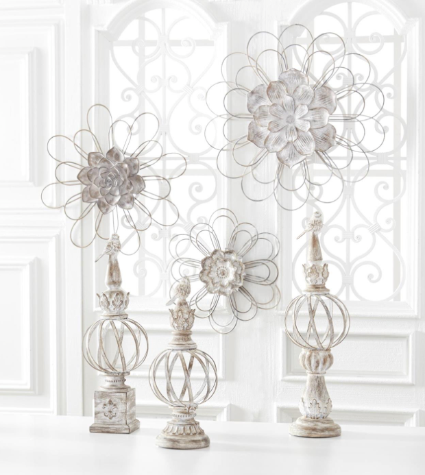 Whitewashed Metal Ball Finials with Resin Bird Tops