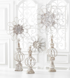 Whitewashed Metal Ball Finials with Resin Bird Tops