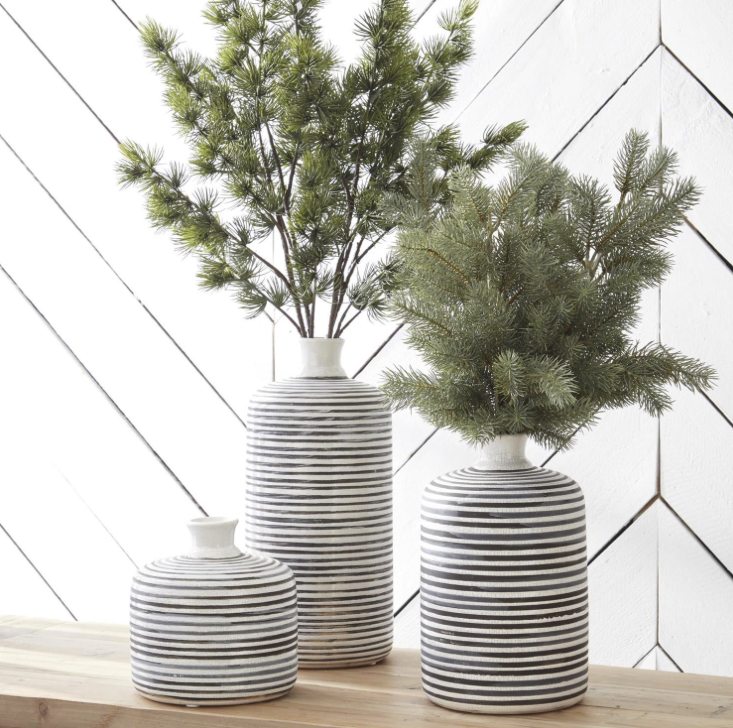 Fluted Neck White Crackle & Gray Striped Ceramic Vases