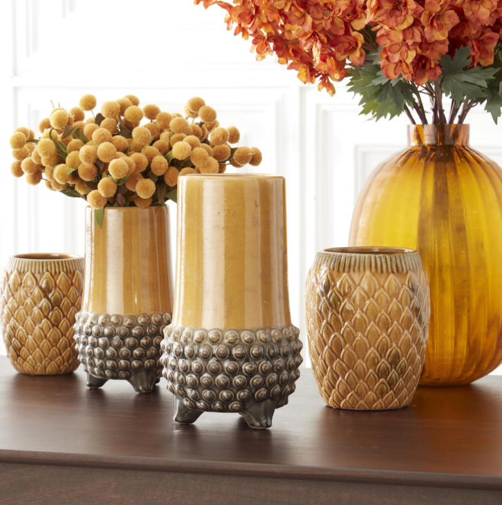Crackled Butterscotch Ceramic Vases with Embossed Petals