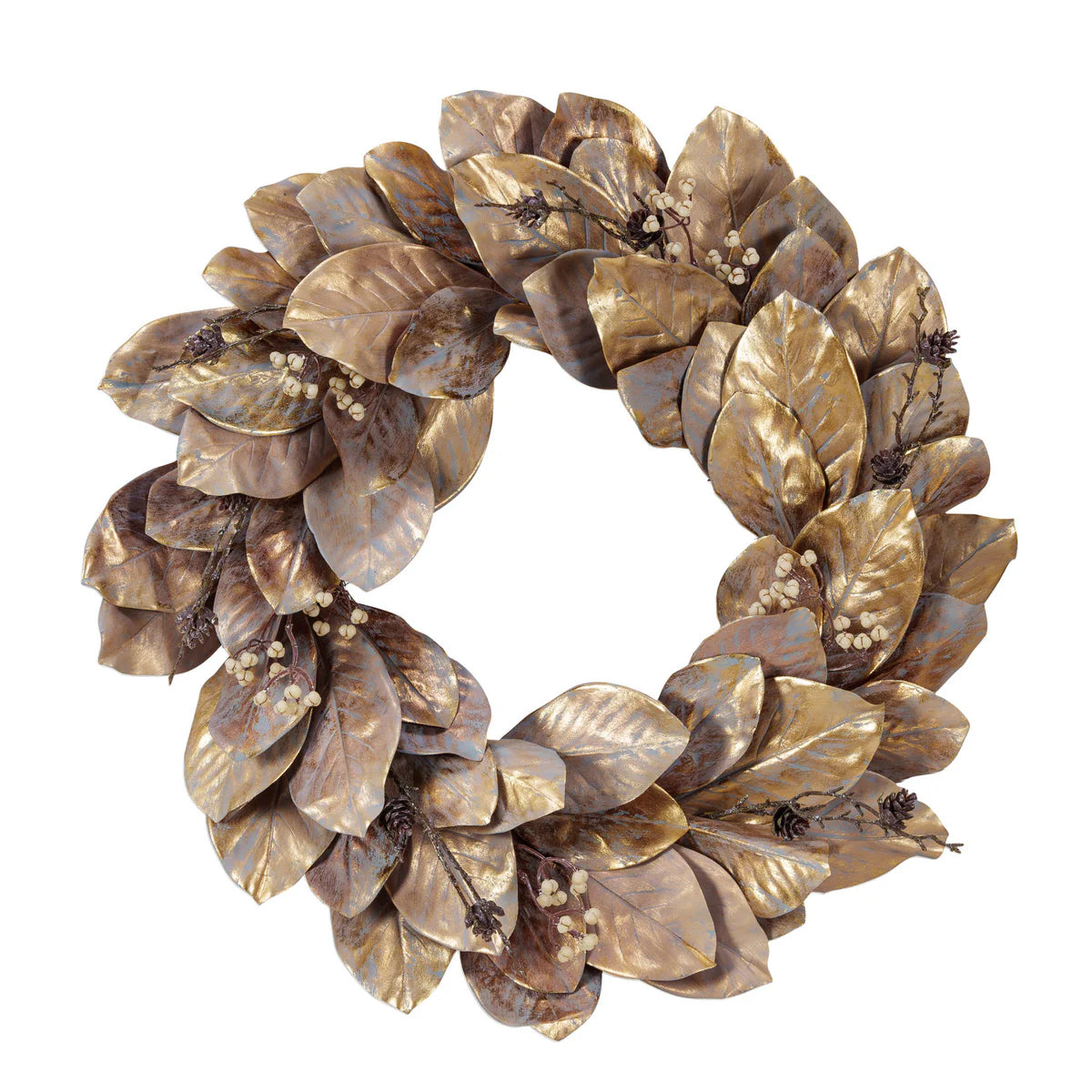 24" Round Faux Magnolia Leaf Wreath w/ Berries, Gold Finish