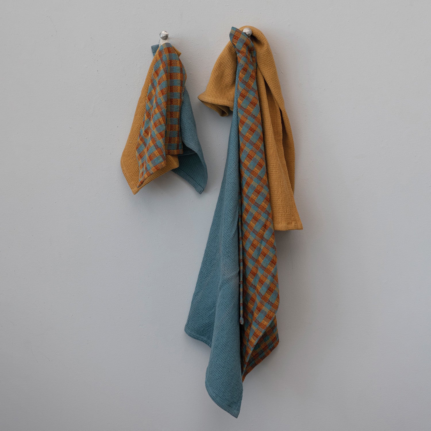 Cotton Waffle Weave Tea Towels w/ Jute & Wood Bead Tie