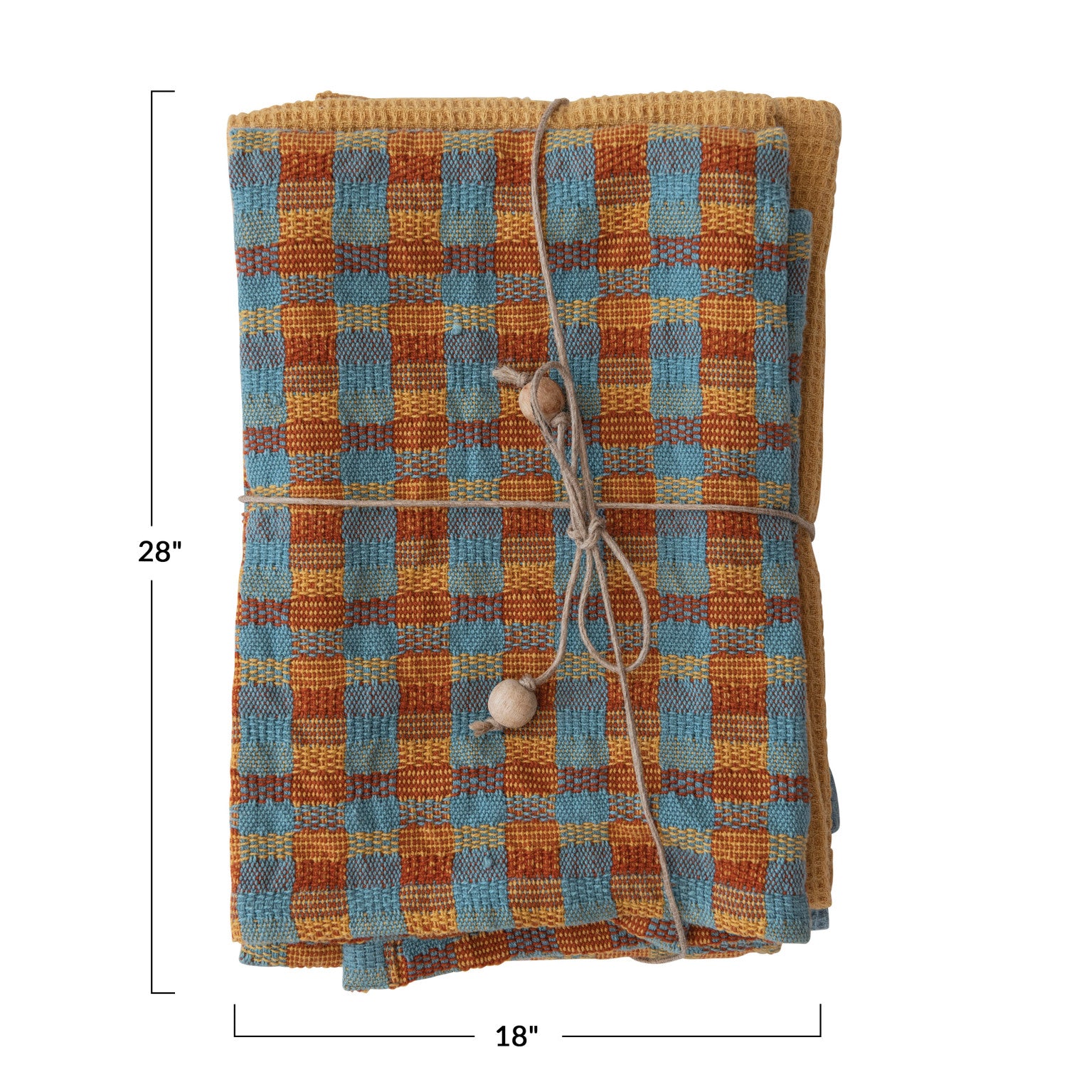 Cotton Waffle Weave Tea Towels w/ Jute & Wood Bead Tie