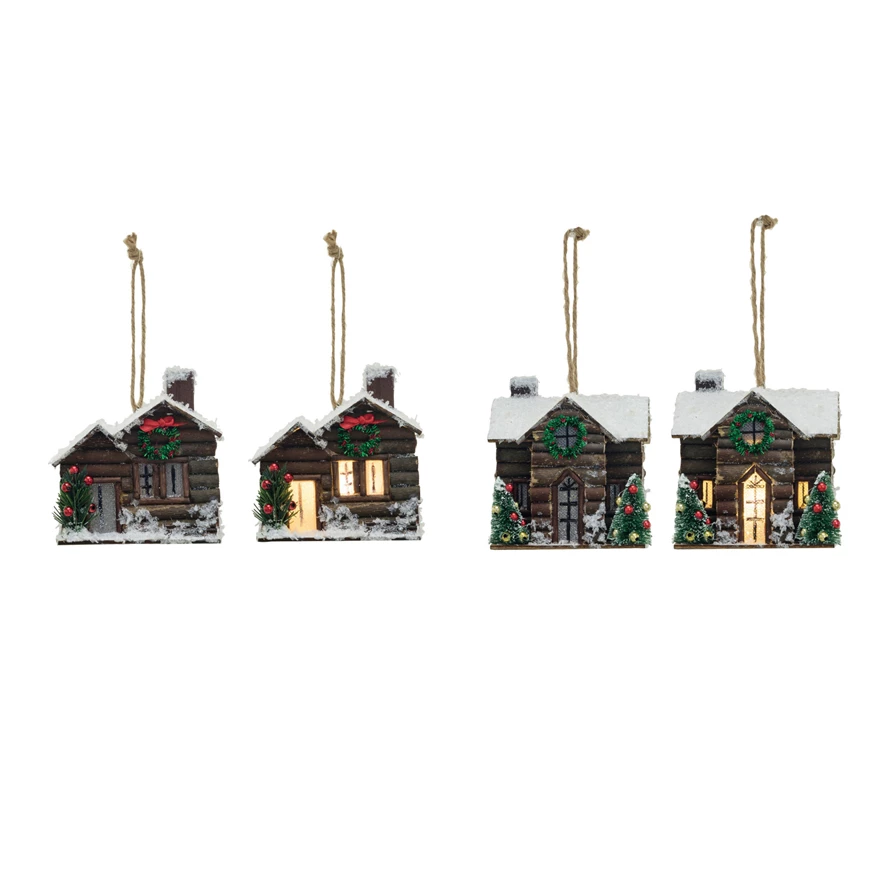 Wood Cabin Ornament w/ LED Light, 2 Styles