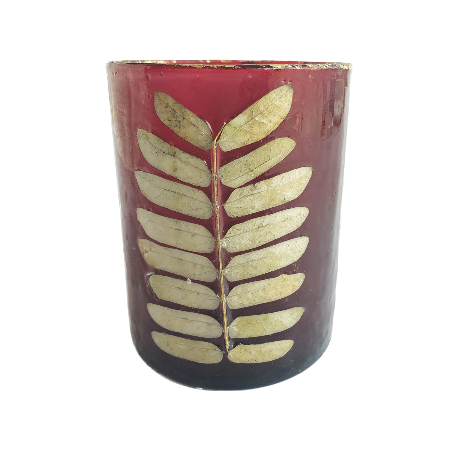 Glass Votive Holder with Embedded Eucalyptus Leaves