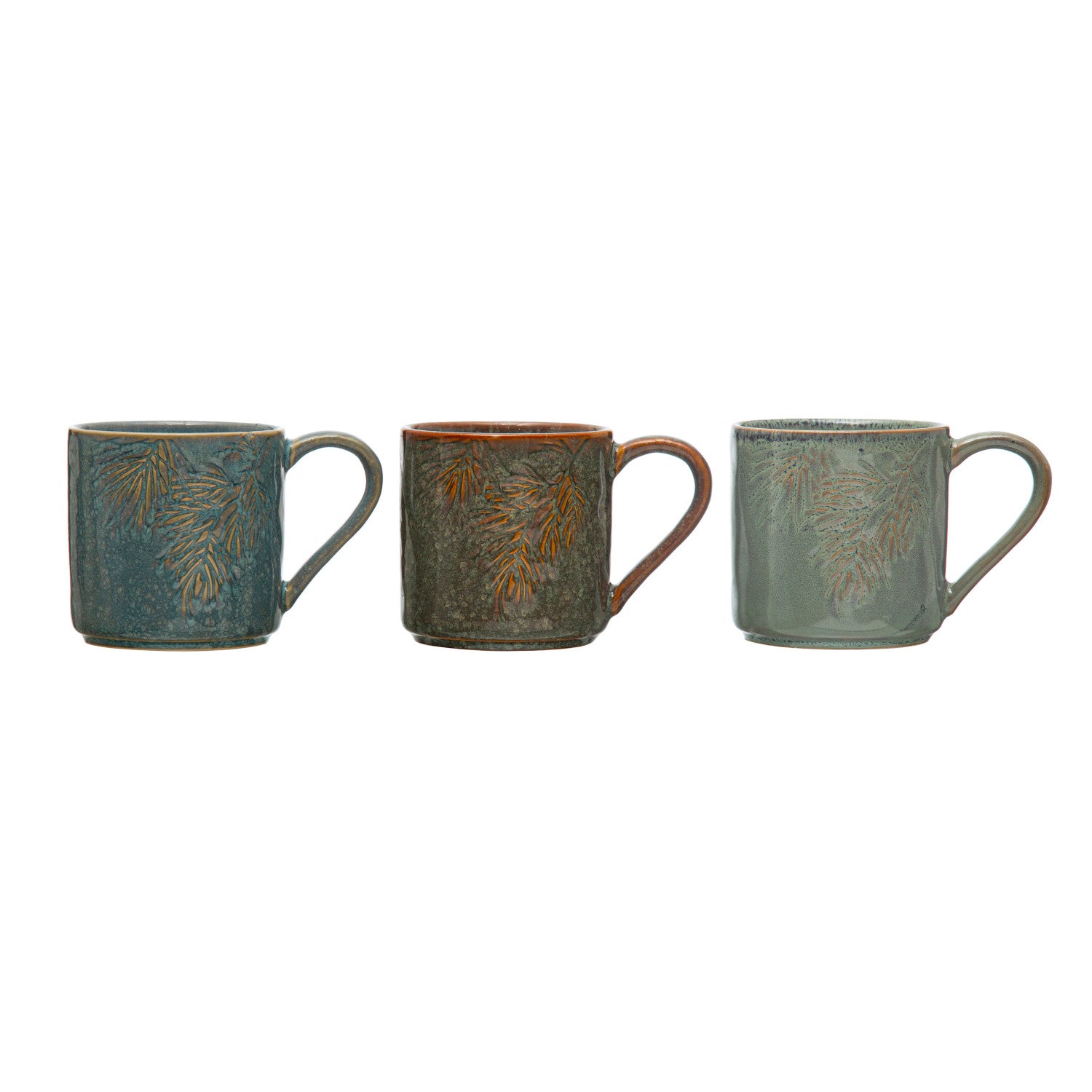 Embossed Stoneware Mug with Pine Bough, Reactive Glaze