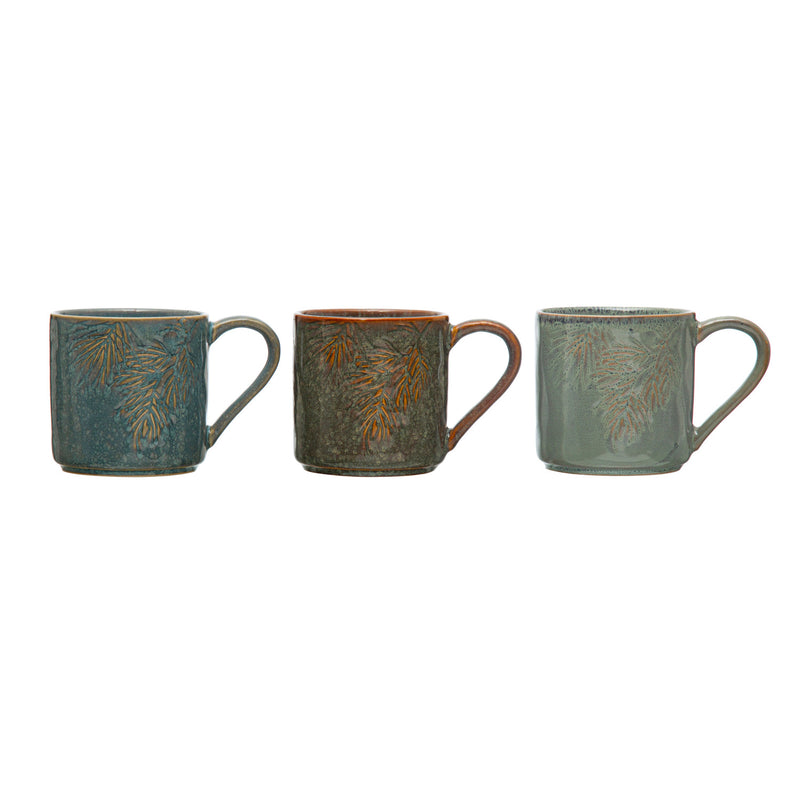 Embossed Stoneware Mug with Pine Bough, Reactive Glaze