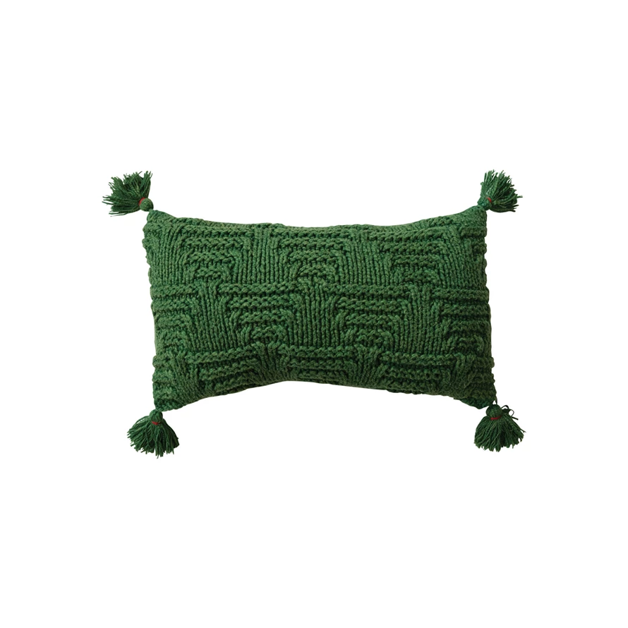 Woven Cotton Knit Lumbar Pillow w/ Tassels, Sandwashed Finish