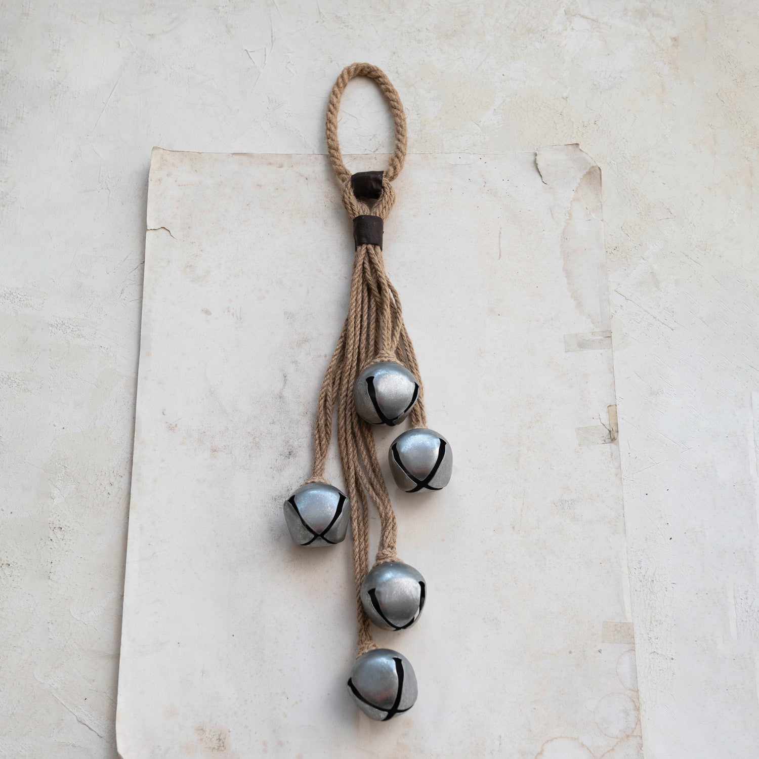 Jute Rope Door Hanger w/ 5 Jingle Bells, Silver Finish