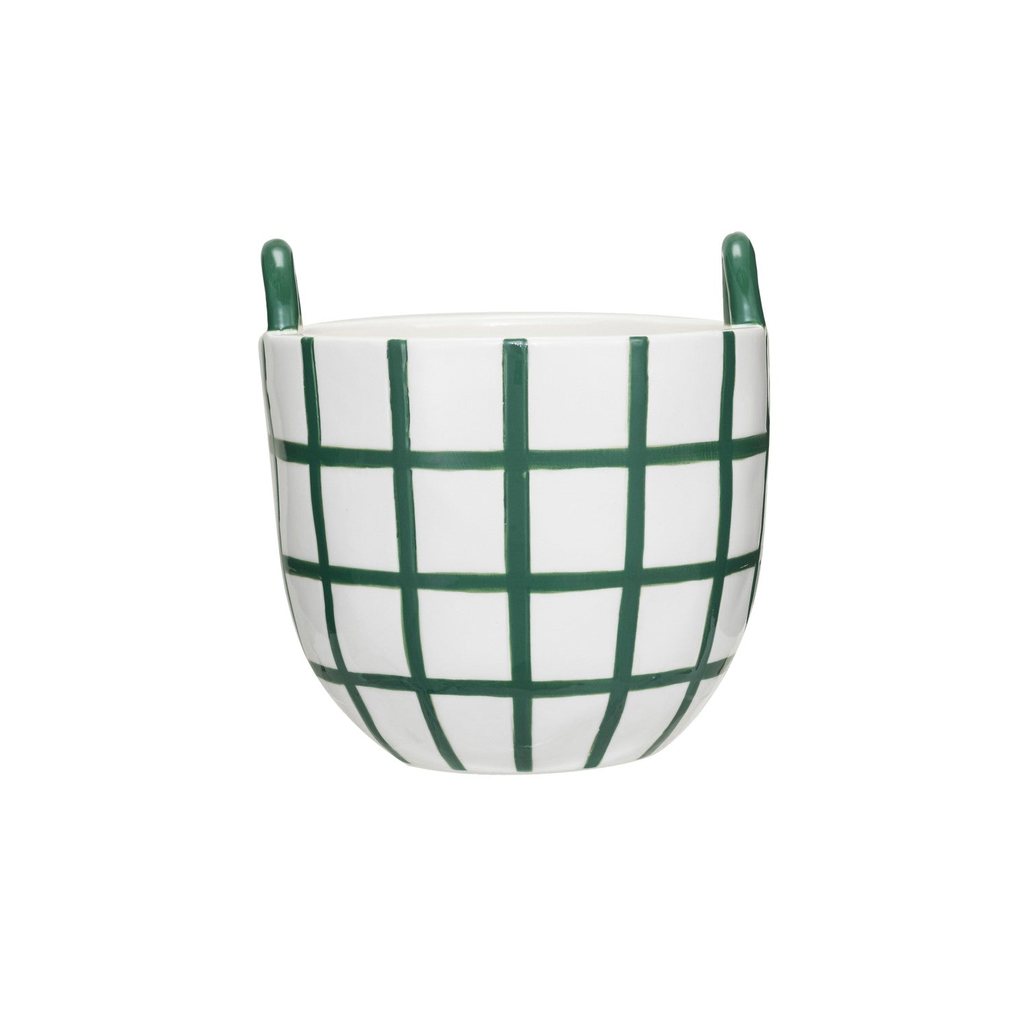 Hand-Painted Stoneware Container w/ Grid Pattern & Handles