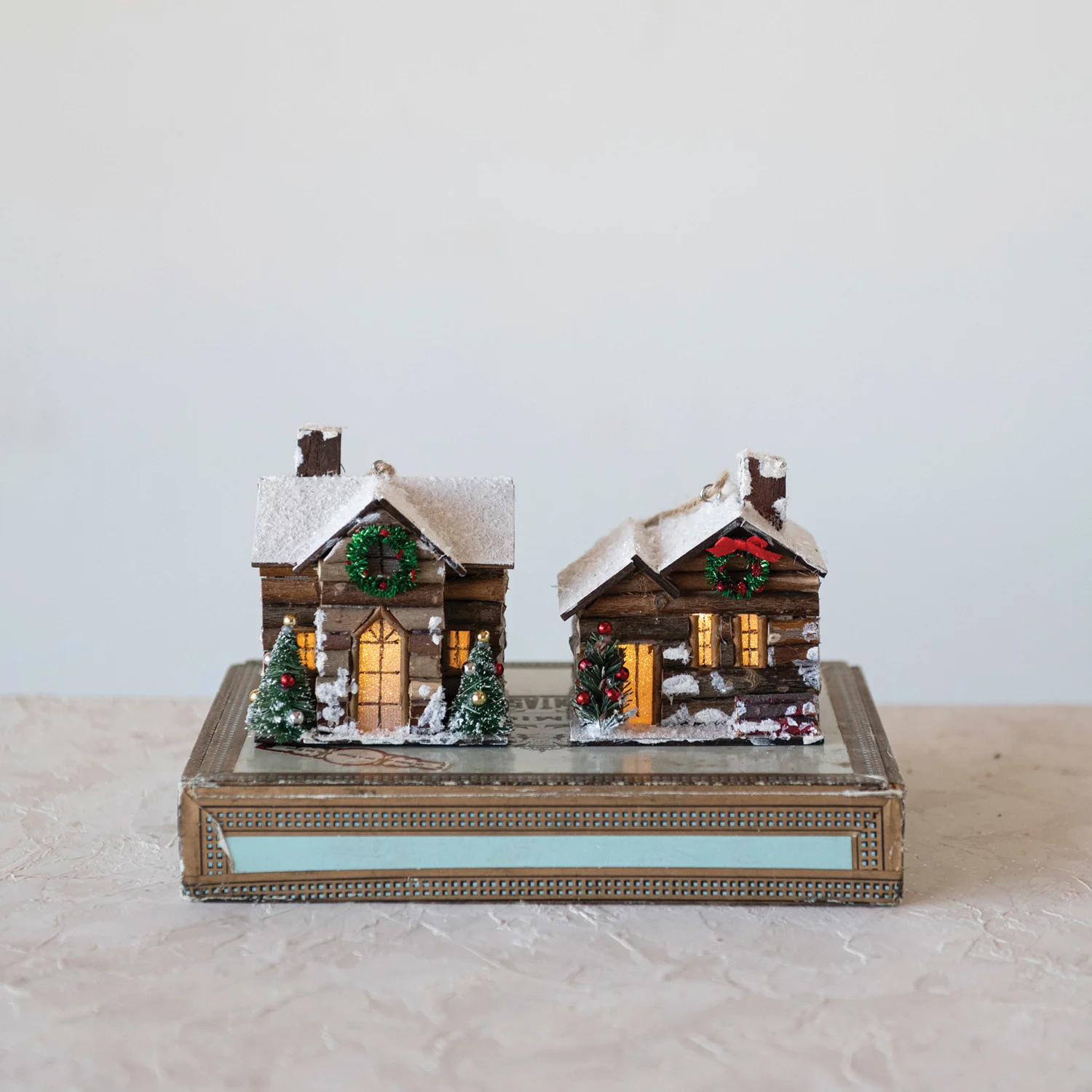Wood Cabin Ornament w/ LED Light, 2 Styles