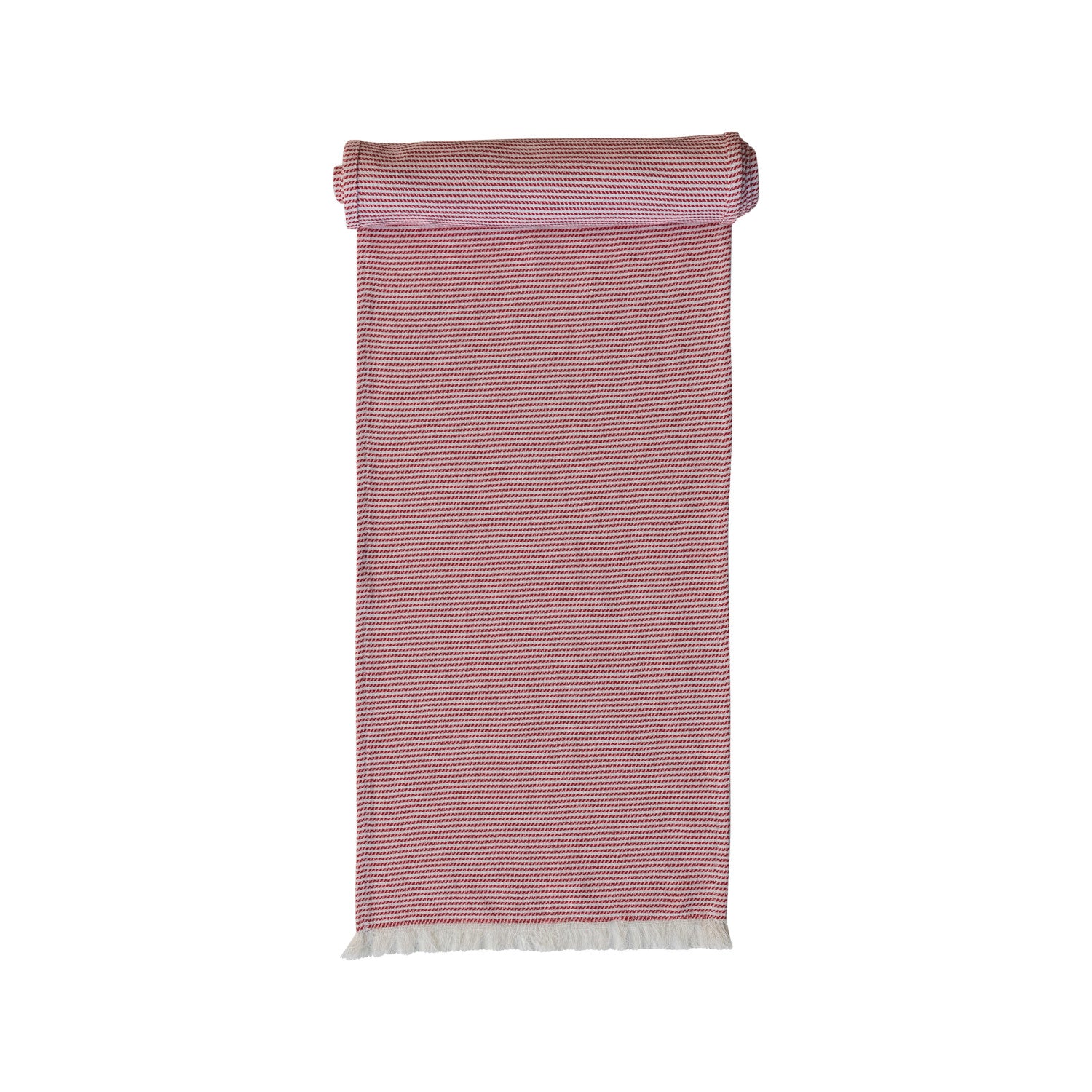 Woven Cotton Table Runner w/ Stripes & Fringe, Red & White