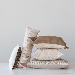 Cotton Printed Lumbar Pillow w/ Embroidery & Chambray Back