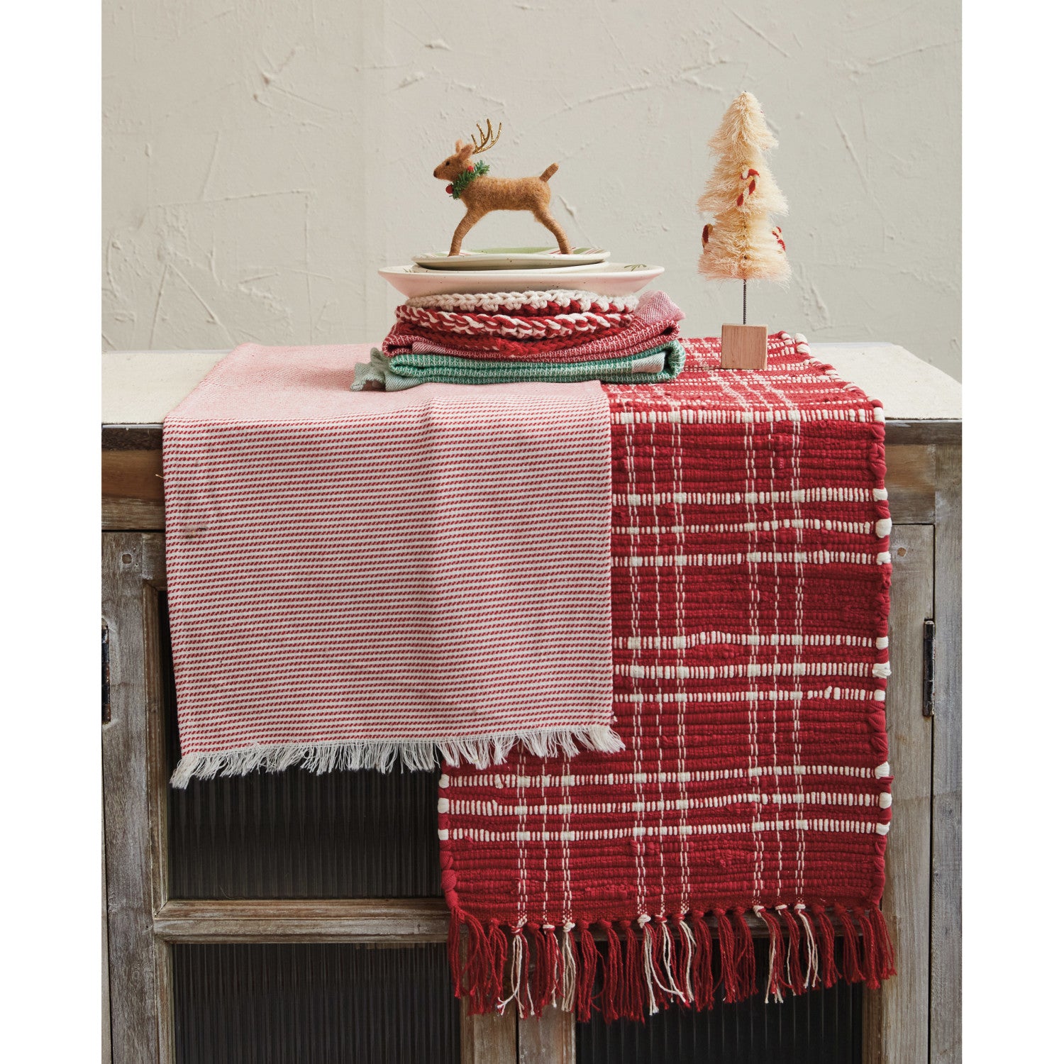 Hand-Woven Cotton Chindi Table Runner w/ Fringe, Red & White Plaid