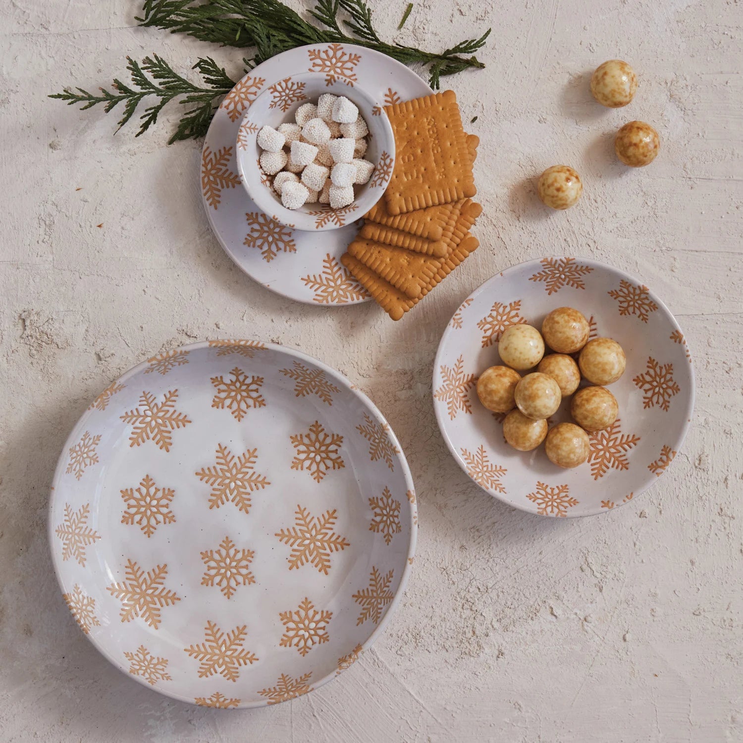 Stoneware Plate w/ Wax Relief Snowflakes, Reactive Glaze