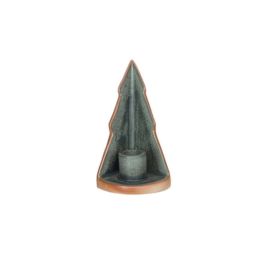 Stoneware Tree Taper Holder, Reactive Glaze, Green & Unglazed
