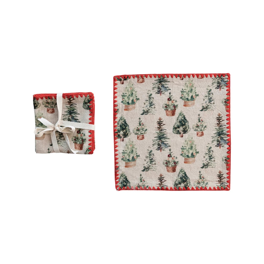 10" Square Cocktail Napkins w/Trees Pattern, Set of 4