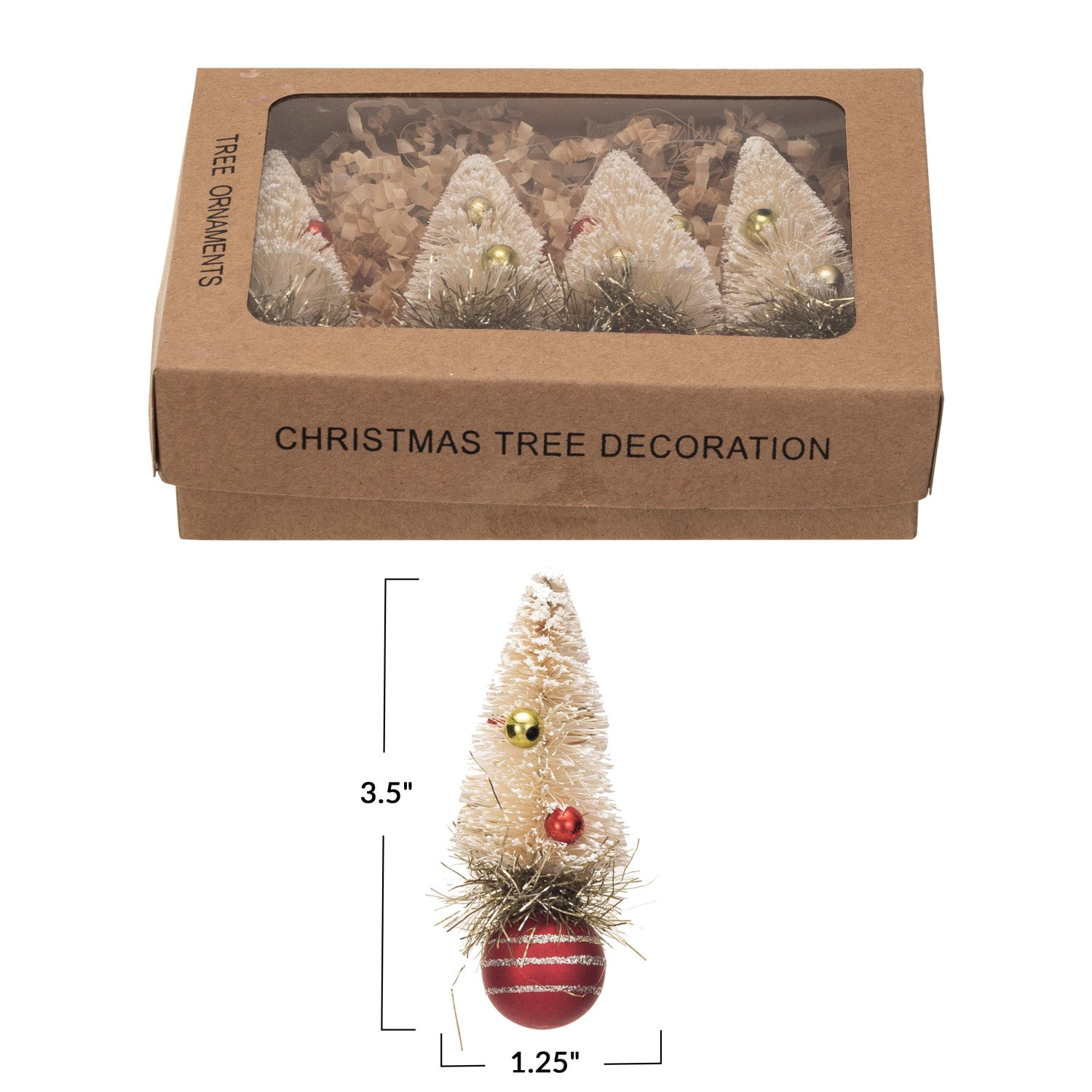 Sisal Bottle Brush Tree Ornaments w/ Glass Ball Base, Boxed Set of 4
