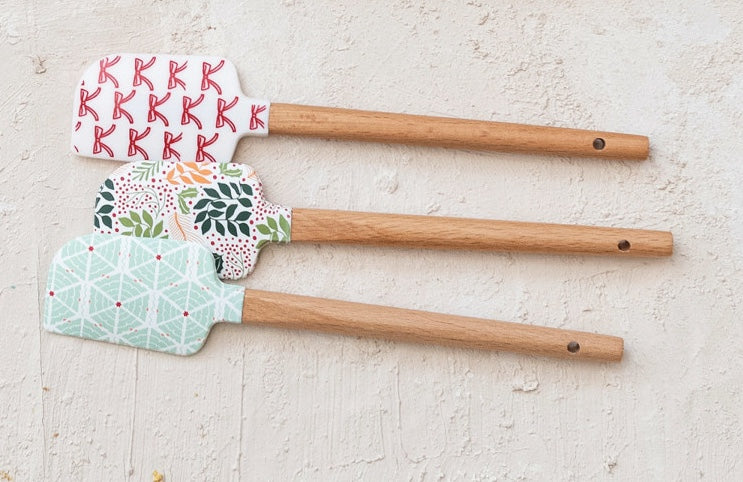 Silicone & Wood Spatula w/ Holiday Patterns, Large