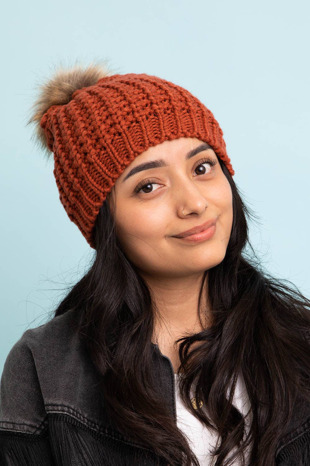 Textured Beanie With Pom Pom