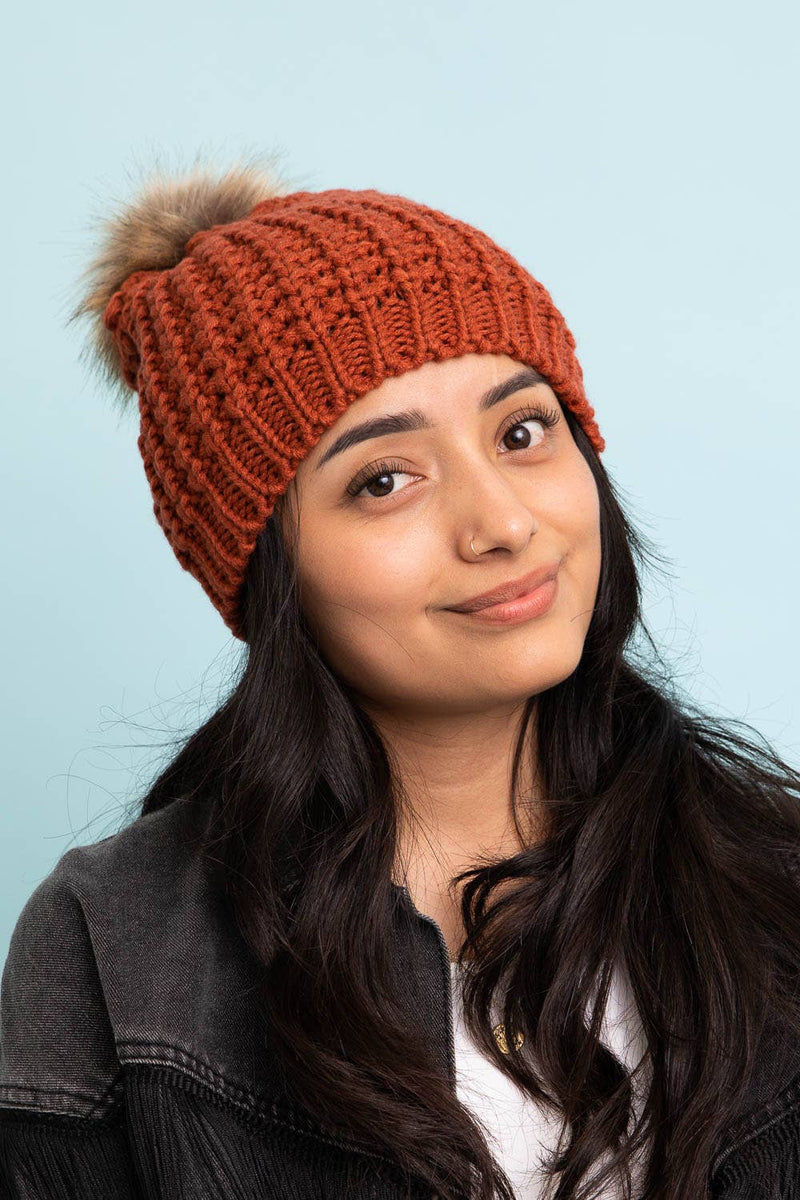 Textured Beanie With Pom Pom