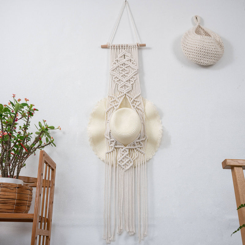 Handmade Macrame Wall Mounted Wide Brim Hat Hanger Display