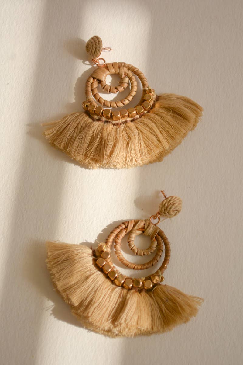 Natural Fan Bead & Coil Dangle Drop Earrings