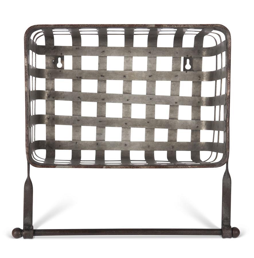 Galvanized Metal Woven Wall Basket w/Towel Bar