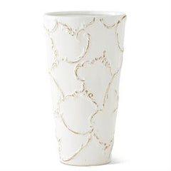 White Ceramic Scroll Embossed Round Vase