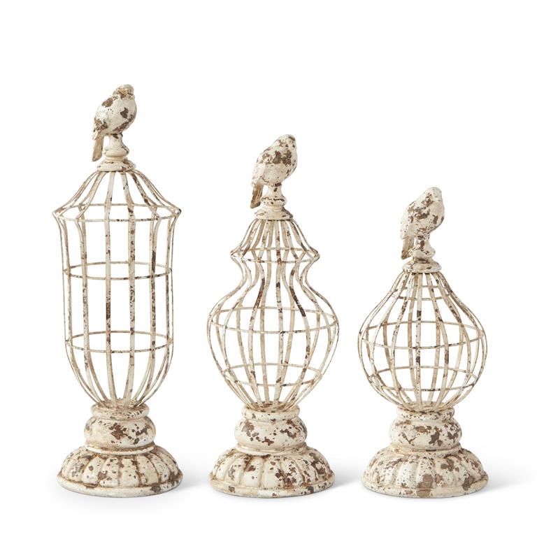 Whitewashed Carved Resin Finials with Bird Top