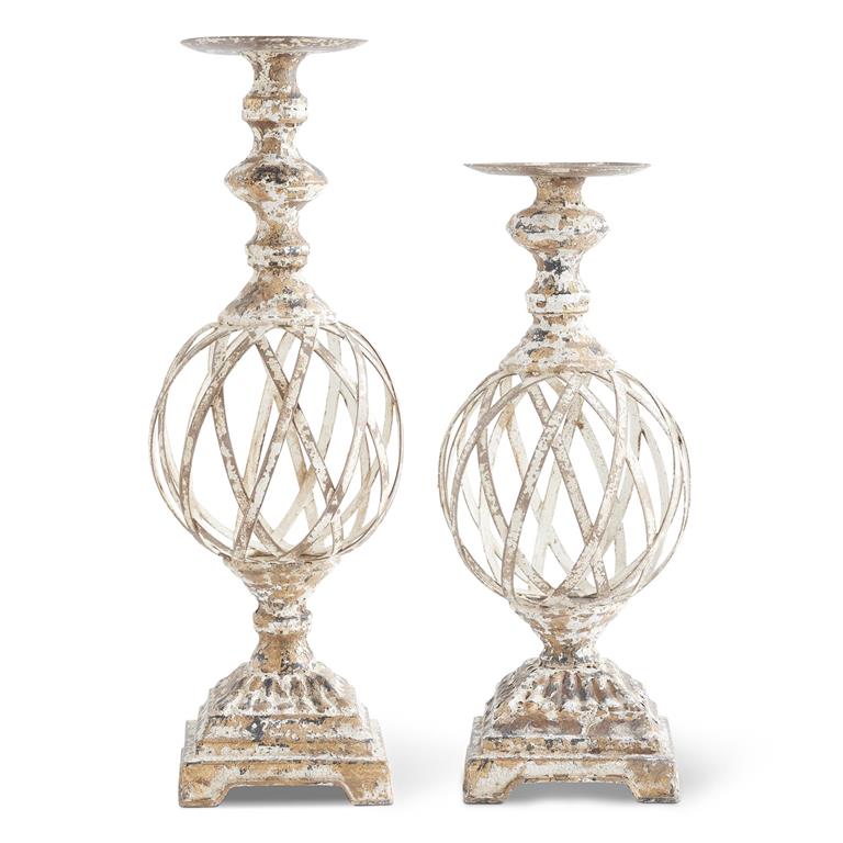 White & Gold Washed Woven Metal Candleholders