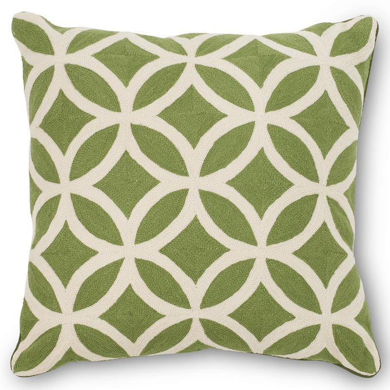 Green Woven Pillow w/Cream Geometric Circle and Diamond Pattern