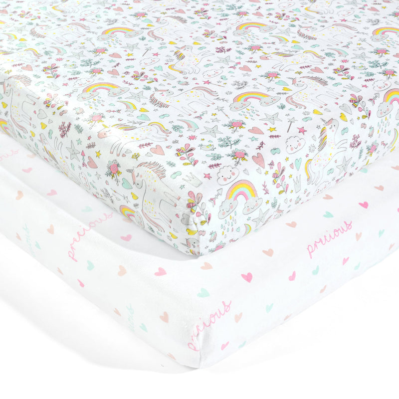 Unicorn Heart Rainbow Soft & Plush Fitted Crib Sheet 2 Pack Set