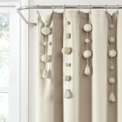 Boho Pom Pom Tassel Faux Linen Shower Curtain