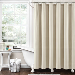 Boho Pom Pom Tassel Faux Linen Shower Curtain