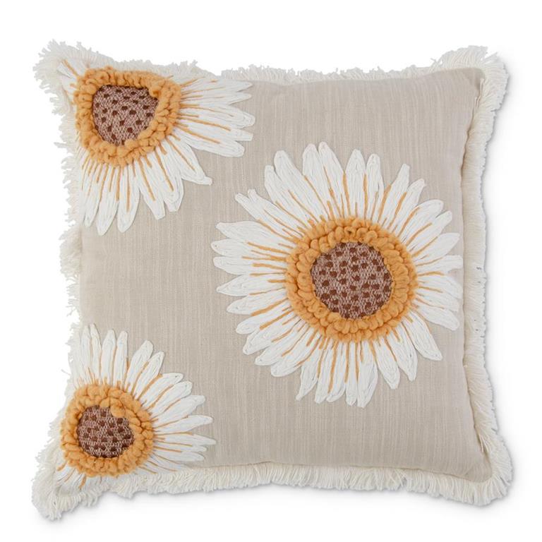 Square Tan Linen Pillow w/Embroidered Sunflower