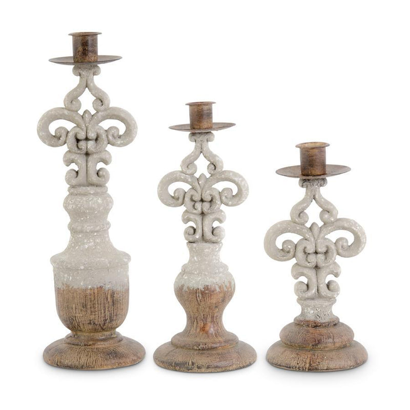 Polyresin Gray Wash Taper Candleholders