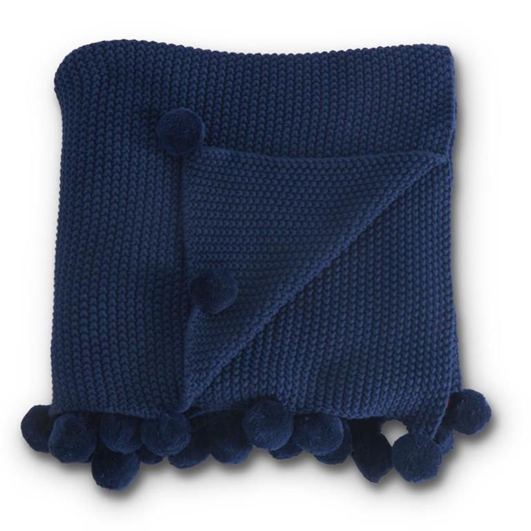 Moss Stitch Knit Throw Blanket w/ Pompom Trim