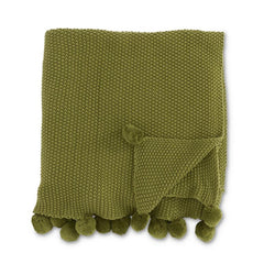 Moss Stitch Knit Throw Blanket w/ Pompom Trim