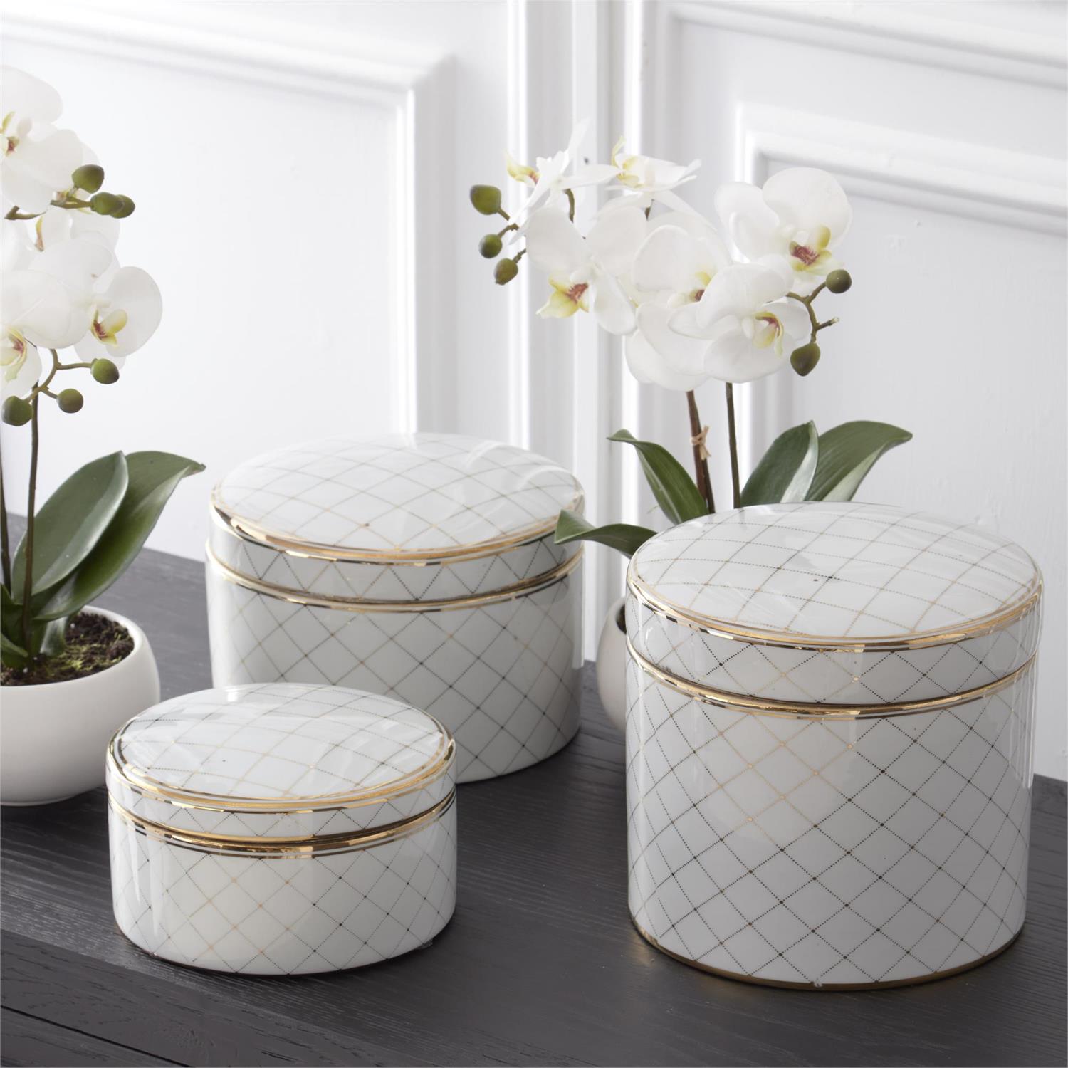 White &amp; Gold Round Ceramic Lidded Containers