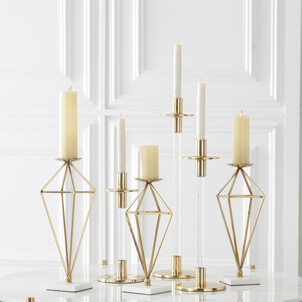 Gold Geometric Candleholders w/ White Marble Bases