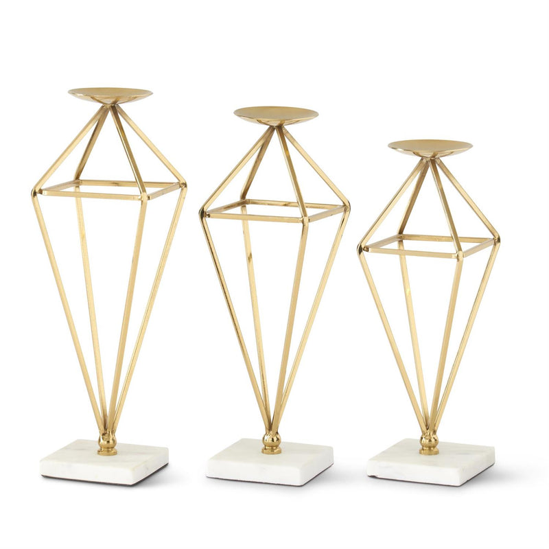 Gold Geometric Candleholders w/ White Marble Bases