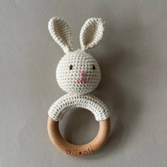 Baby Teething Toy Bunny Rattle Wood Ring Crochet