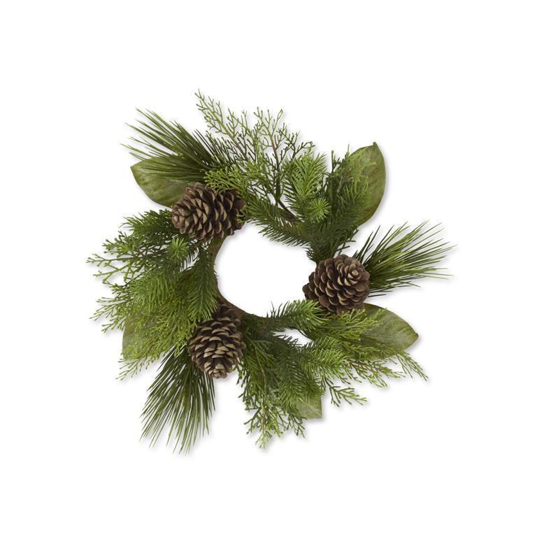 Mixed Pine & Magnolia Candle Ring w/Pinecones