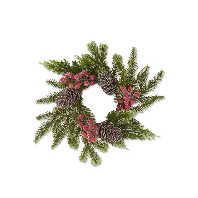 Glittered Icy Mixed Pine Candle Ring w/Pinecones