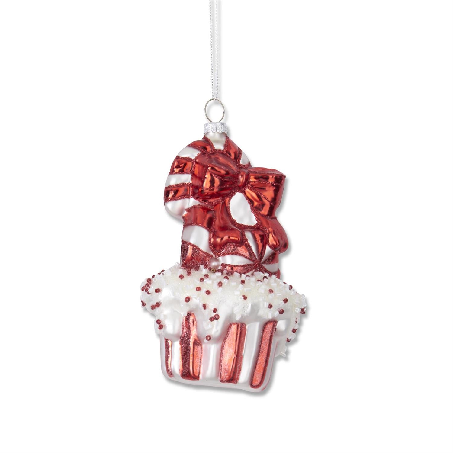 Red &amp; White Blown Glass Cupcake Ornament