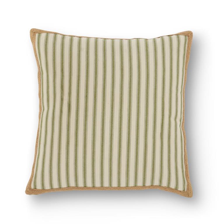 Green & Cream Striped Pillow w/ Jute Trim